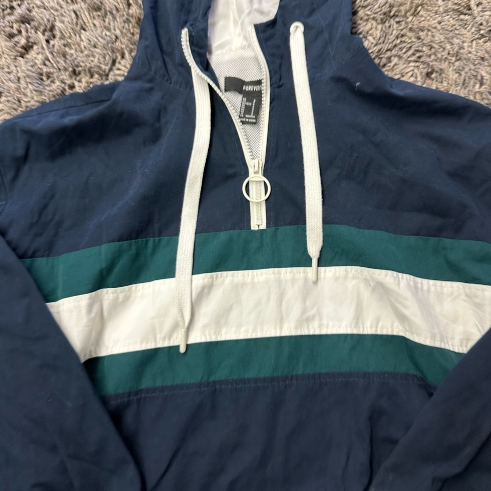 Forever 21 Forever 21 Blue Green White Stripe Crop Windbreaker Hoodie Sz S <142> - Picture 5 of 7